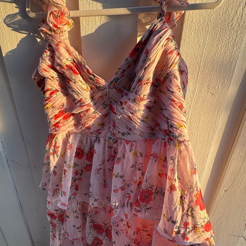 Mac Duggal Floral Pink and Red Ruffle Dress